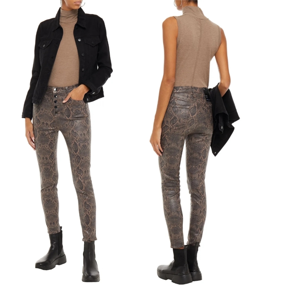 J Brand Lillie Cropped Coated Snake Skinny Coated Boa Neutral Taupe Grey Beige